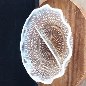 Vintage Anchor Hocking Moonstone Clear Opalescent Hobnail 2 Part Relish Dish